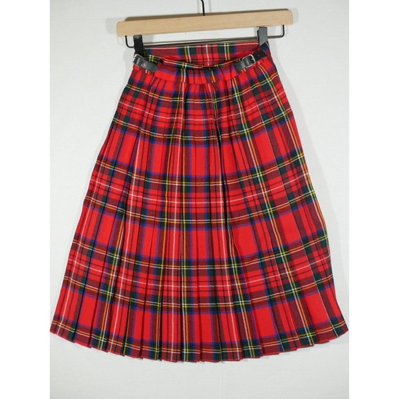 Edinburgh Woollen Mill UK Pleated Kilt Skirt Pure New Wool Red Plaid Sz Age 12 - Picture 1 of 11